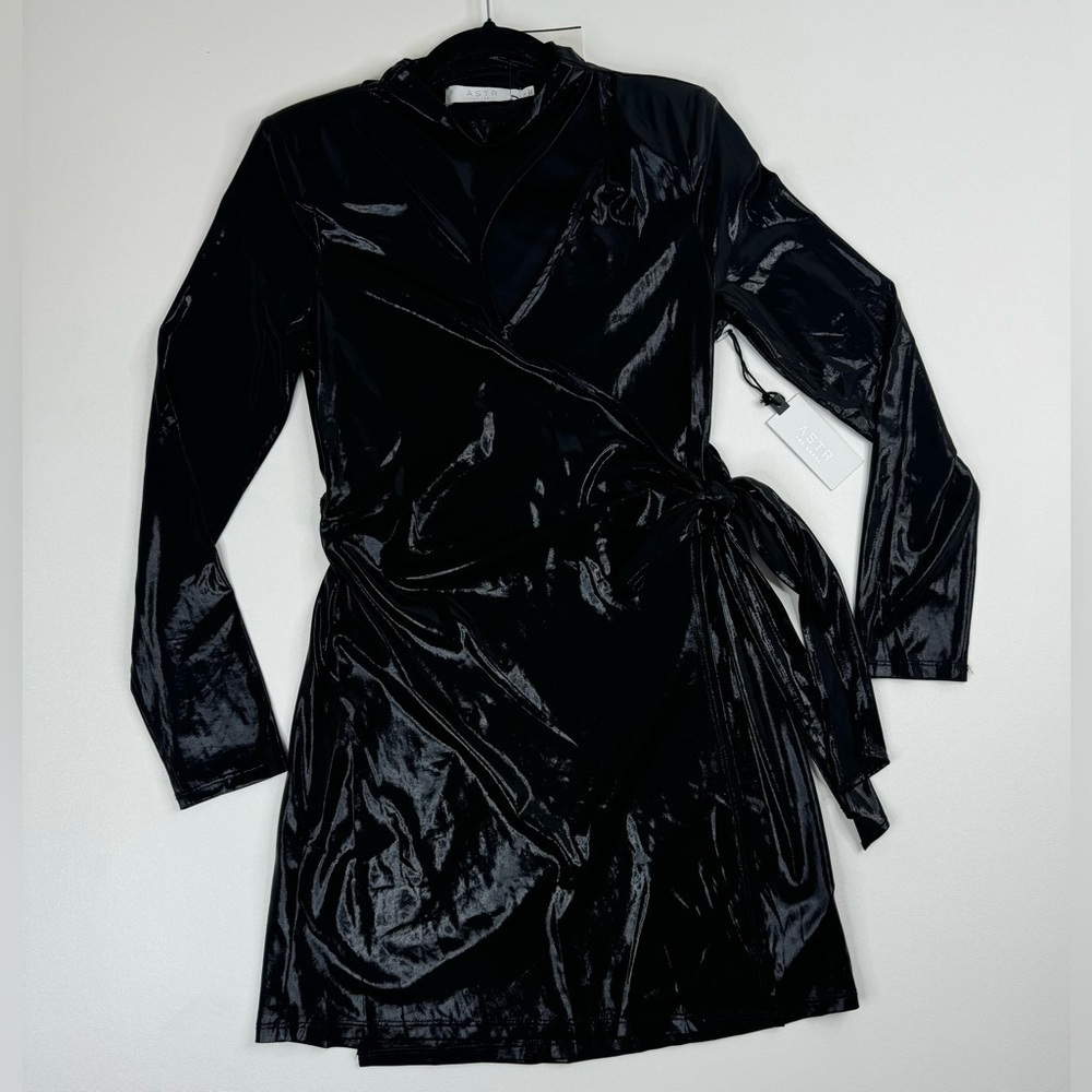 NWT ASTR The Cut Out Patent Long Sleeve Faux Wrap Mini Dress Small - Picture 13 of 16